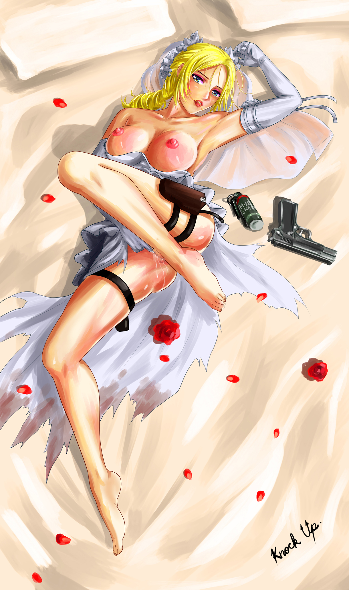 alternate_costume armpits bare_shoulders barefoot bed blonde_hair blue_eyes blush braid breasts bridal_veil bride censored collarbone dress elbow_gloves eyeshadow female gloves gun handgun highres holster large_breasts lips long_hair lying makeup masturbation mosaic_censoring nina_williams nipples no_panties on_back on_bed petals pistol pussy pussy_juice single_braid smoke_grenade solo strapless strapless_dress tan_(knock_up) tekken tekken_7 thigh_holster tied_hair veil weapon wedding_dress white_gloves